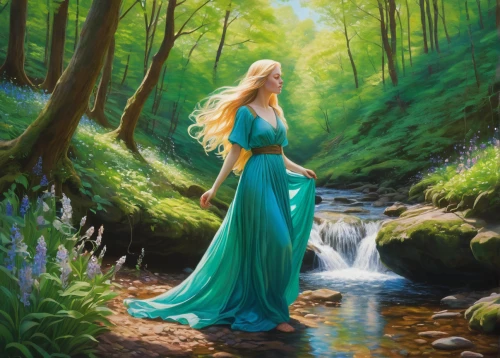 celtic woman,fantasy picture,fantasy art,the blonde in the river,oil painting on canvas,faerie,water nymph,oil painting,faery,dryad,celtic queen,woman at the well,fairytale,elven forest,cascading,a fairy tale,fantasy woman,rusalka,garden of eden,fantasy portrait,Illustration,Realistic Fantasy,Realistic Fantasy 30