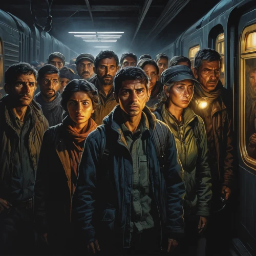 passengers,the train,cargo,migrants,sci fiction illustration,dystopian,migration,ghost train,metro,the people in the sea,the labor,train,economic refugees,travelers,last train,colony,forest workers,cg artwork,miners,walkers,Illustration,Realistic Fantasy,Realistic Fantasy 06