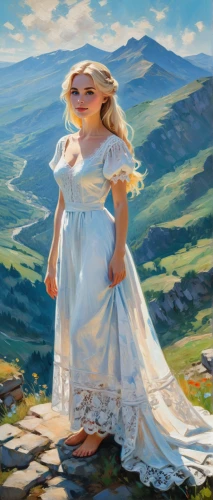 little girl in wind,jessamine,rapunzel,girl in a long dress,sound of music,the spirit of the mountains,landscape background,idyll,fantasy picture,children's background,milkmaid,world digital painting,heidi country,children's fairy tale,elsa,mountain scene,girl with bread-and-butter,mystical portrait of a girl,girl praying,girl with cloth,Conceptual Art,Oil color,Oil Color 10