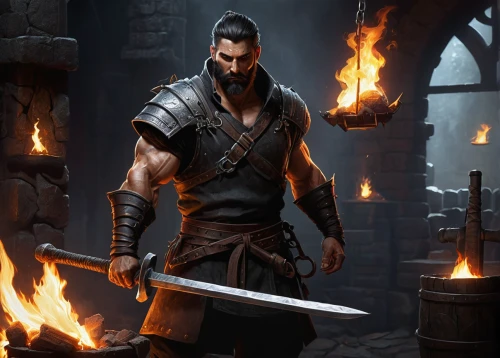 blacksmith,dane axe,massively multiplayer online role-playing game,smouldering torches,male character,fire master,swordsman,fire background,barbarian,thorin,warlord,raider,forge,templar,fantasy warrior,mercenary,candlemaker,witcher,daemon,tinsmith,Illustration,Realistic Fantasy,Realistic Fantasy 44