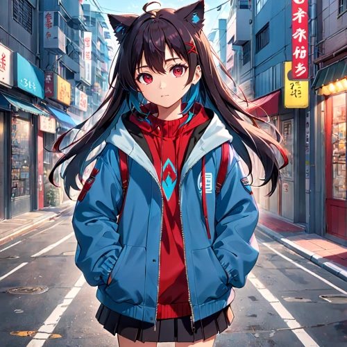 anime japanese clothing,parka,street cat,nico,inari,nyan,red background,windbreaker,kitsune,jacket,shibuya,stray cat,national parka,asia,long-haired hihuahua,hong,winter clothing,anime girl,alley cat,hoodie,Anime,Anime,General