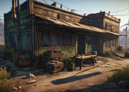 fallout4,tavern,salvage yard,wasteland,croft,farmstead,wild west,junkyard,wild west hotel,rustic,virginia city,unhoused,auto repair shop,rustico,pioneertown,homestead,ghost town,lostplace,tenement,blockhouse,Art,Artistic Painting,Artistic Painting 33