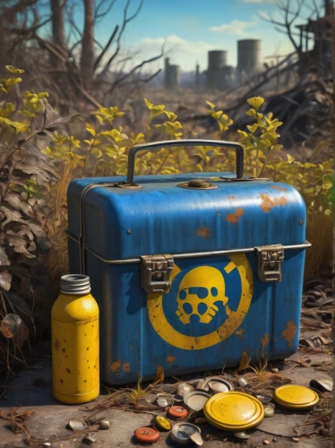 fallout shelter,chemical container,fallout,fresh fallout,fallout4,hazardous,hazardous substance sign,treasure chest,old suitcase,radioactive leak,biohazard symbol,poison bottle,wasteland,atomic age,tin can,spray can,poisonous,canister,civil defense,battery icon,Illustration,Realistic Fantasy,Realistic Fantasy 18