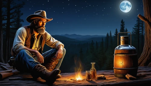 moonshine,tennessee whiskey,jack daniels,moon shine,woodsman,american frontier,canadian whisky,tobacco the last starry sky,world digital painting,lone star,western,romantic night,farmer in the woods,jarana jarocha,game illustration,the bottle,pilgrim,fantasy picture,banjo player,isolated bottle,Illustration,American Style,American Style 07