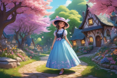 fairy tale character,springtime background,rapunzel,spring background,rosa 'the fairy,japanese sakura background,fantasy picture,cinderella,hanbok,alice in wonderland,spring blossoms,rosa ' the fairy,wonderland,girl in flowers,spring bloom,girl in a long dress,fairy world,fairy village,country dress,girl picking flowers,Illustration,American Style,American Style 11