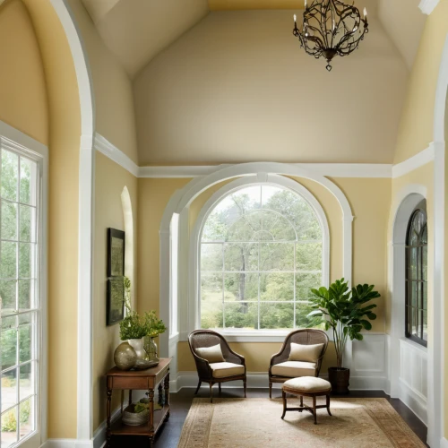 vaulted ceiling,stucco ceiling,gold stucco frame,stucco frame,stucco wall,bay window,quatrefoil,breakfast room,daylighting,family room,pointed arch,semi circle arch,concrete ceiling,hallway space,plantation shutters,wooden windows,great room,orangery,mouldings,window treatment,Photography,General,Natural