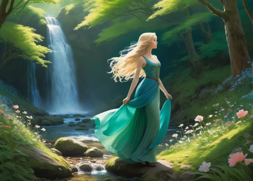 fantasy picture,celtic woman,elven forest,faerie,the blonde in the river,a fairy tale,fairytale,fairy world,fairy forest,enchanted,world digital painting,lilly of the valley,faery,fantasy art,fairy tale,fantasia,green waterfall,waterfall,bridal veil fall,elven,Illustration,Realistic Fantasy,Realistic Fantasy 16