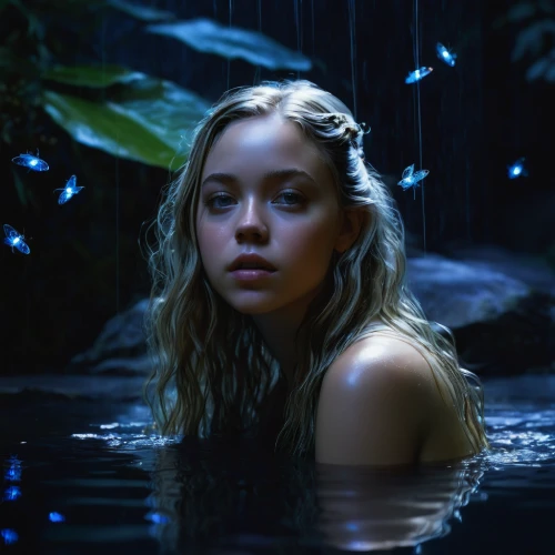 water nymph,the blonde in the river,the night of kupala,valerian,in water,fireflies,in the rain,the girl in the bathtub,wet,lily-rose melody depp,rain forest,blue rain,angel's tears,mystical portrait of a girl,enchanted,under the water,cinderella,wet girl,water lilies,waterfall,Conceptual Art,Fantasy,Fantasy 04