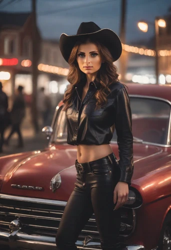 leather hat,chevrolet impala,girl and car,chevrolet el camino,chevrolet chevelle,chevrolet bel air,corvette,dodge la femme,car model,impala,cowgirl,ford mustang,chevy,retro woman,muscle car,car show,california special mustang,black hat,bonneville,autoshow,Photography,Cinematic