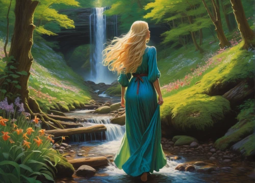 celtic woman,fantasy picture,the blonde in the river,dryad,fantasy art,cascading,green waterfall,bridal veil fall,woman at the well,faerie,rusalka,water fall,faery,waterfall,water nymph,idyll,oil painting on canvas,lilly of the valley,elven forest,flowing water,Illustration,Realistic Fantasy,Realistic Fantasy 32