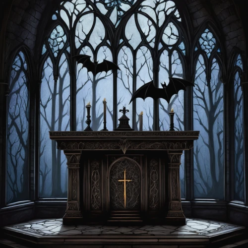 dark cabinetry,sepulchre,haunted cathedral,crypt,witch house,gothic,gothic style,witch's house,dark gothic mood,gothic church,gothic architecture,blood church,burial ground,sanctuary,knight pulpit,hall of the fallen,resting place,mausoleum,halloween background,mausoleum ruins,Illustration,Abstract Fantasy,Abstract Fantasy 05