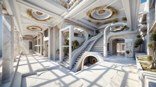 marble palace,white temple,3d rendering,futuristic architecture,jewelry（architecture）,kirrarchitecture,futuristic art museum,winding staircase,cubic house,circular staircase,fractalius,archidaily,render,fractal environment,3d fantasy,spiral staircase,3d rendered,neoclassical,3d render,mandelbulb