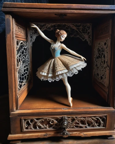 music box,lyre box,ballerina girl,musical box,dressing table,dancer,dollhouse accessory,ballet dancer,little girl ballet,china cabinet,majorette (dancer),little girl twirling,music chest,armoire,miniature figure,ballerina,decorative nutcracker,girl ballet,tumbling doll,chest of drawers,Conceptual Art,Oil color,Oil Color 18