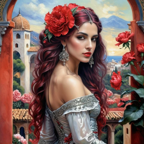 romantic portrait,fantasy portrait,fantasy art,romantic rose,rose wreath,red rose,red roses,queen of hearts,fantasy picture,scent of roses,way of the roses,with roses,romantic look,beautiful girl with flowers,rosa ' amber cover,splendor of flowers,fairy tale character,landscape rose,wild roses,rosa bonita,Illustration,Realistic Fantasy,Realistic Fantasy 30