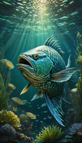 coelacanth,freshwater fish,cichlid,blue stripe fish,marine fish,underwater fish,forest fish,fish in water,deep sea fish,cabezon (fish),beautiful fish,marine reptile,forage fish,tobaccofish,barramundi,blue fish,grouper,ornamental fish,brocade carp,tilapia,Conceptual Art,Oil color,Oil Color 05