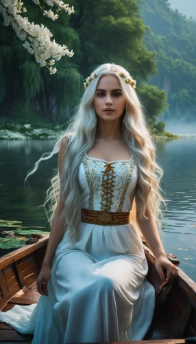 fantasy picture,the blonde in the river,celtic queen,girl on the boat,celtic woman,the sea maid,fantasy portrait,girl on the river,fairy tale character,fantasy woman,rapunzel,rusalka,white rose snow queen,heroic fantasy,elven,celtic harp,fantasy art,germanic tribes,the night of kupala,perched on a log,Photography,General,Fantasy