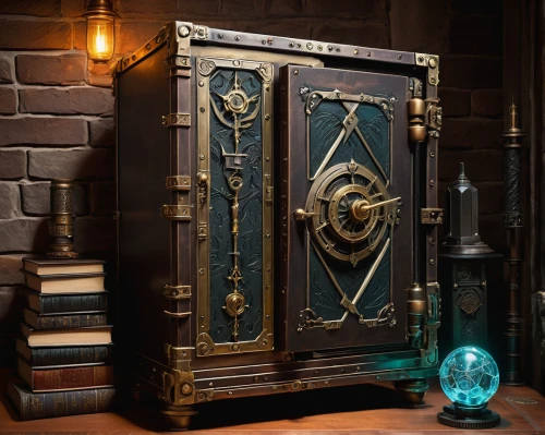 armoire,magic grimoire,treasure chest,grandfather clock,play escape game live and win,book antique,dark cabinetry,cabinet,sideboard,magic book,switch cabinet,apothecary,digital safe,bookshelves,potions,live escape game,metal cabinet,iron door,collected game assets,bookcase,Illustration,Realistic Fantasy,Realistic Fantasy 23