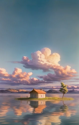 an island far away landscape,islet,floating island,house with lake,island suspended,house by the water,landscape background,summer cottage,fisherman's house,home landscape,floating huts,coastal landscape,thimble islands,uninhabited island,island,sea landscape,islands,fisherman's hut,floating islands,lonely house