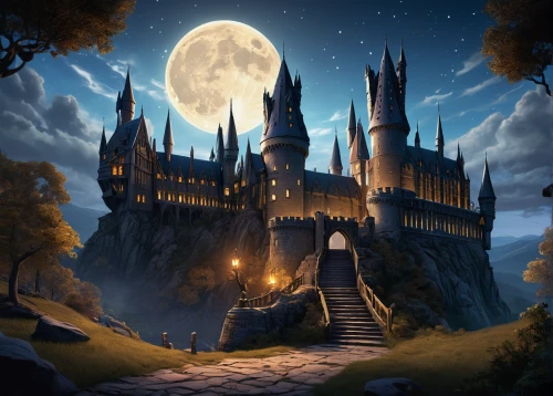 hogwarts,fairy tale castle,castle of the corvin,fantasy picture,gothic architecture,witch's house,fairytale castle,fantasy landscape,knight's castle,haunted castle,fantasy art,ghost castle,fairy tale,magic castle,a fairy tale,3d fantasy,magical adventure,castle,moonlit night,children's fairy tale,Illustration,Retro,Retro 25