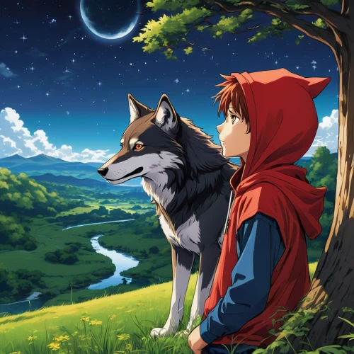 boy and dog,red riding hood,wolf couple,little red riding hood,howl,two wolves,companion dog,shepherd romance,wolves,girl and boy outdoor,laika,wolf,companionship,canidae,howling wolf,red wolf,moon and star,dog illustration,kishu,ninebark,Photography,General,Realistic