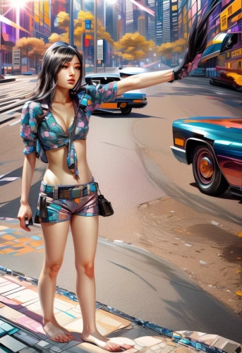 world digital painting,retro woman,retro girl,artistic roller skating,digital compositing,game illustration,car hop,sci fiction illustration,girl and car,cyberpunk,roller skate,retro women,3d background,game art,asian vision,asian woman,digiart,mobile video game vector background,digital painting,street chalk