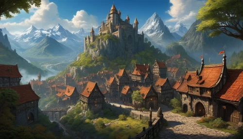 mountain settlement,fantasy landscape,medieval town,knight village,mountain village,alpine village,escher village,fantasy picture,medieval castle,fairy tale castle,fantasy city,knight's castle,medieval architecture,aurora village,northrend,dracula castle,castle of the corvin,fantasy art,fantasy world,castle iron market,Illustration,Abstract Fantasy,Abstract Fantasy 19