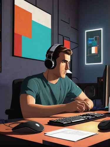 vector illustration,vector art,man with a computer,working space,freelancer,night administrator,computer addiction,freelance,game illustration,sci fiction illustration,adobe illustrator,illustrator,computer workstation,work space,wireless headset,programmer,photoshop school,computer business,creative office,vector graphic,Art,Artistic Painting,Artistic Painting 46