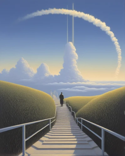 futuristic landscape,sky,stairway to heaven,surrealism,heaven gate,panoramical,pathway,the horizon,heavenly ladder,the mystical path,high landscape,ascending,sky space concept,towards the top of man,parallel worlds,utopian,cloud shape frame,space art,skyscape,the path,Art,Artistic Painting,Artistic Painting 48