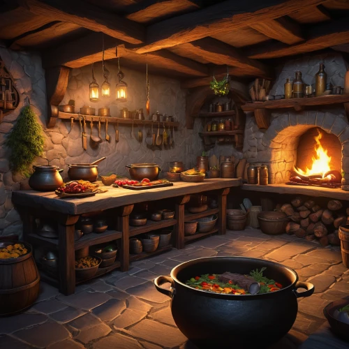 dwarf cookin,hearth,stone oven,fireplaces,hobbiton,tavern,apothecary,masonry oven,fireplace,cookery,cooking pot,candlemaker,tile kitchen,tjena-kitchen,fire place,wood-burning stove,warm and cozy,the kitchen,fireside,wood stove,Illustration,Japanese style,Japanese Style 15