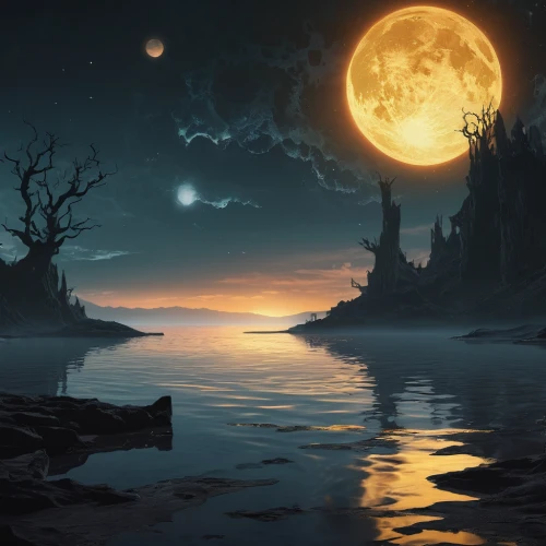 lunar landscape,fantasy landscape,moonlit night,moonscape,fantasy picture,moonlit,moons,moonrise,moon and star background,hanging moon,the night of kupala,world digital painting,phase of the moon,fantasy art,moonlight,dark beach,moon at night,the moon,full moon,halloween background,Conceptual Art,Fantasy,Fantasy 02