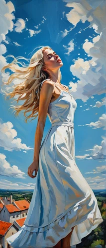 little girl in wind,wind,windy,girl in a long dress,sky,blue sky clouds,winds,blue sky and clouds,world digital painting,wind wave,wind vane,the wind from the sea,blue sky,wind machine,girl walking away,blue sky and white clouds,oil painting,summer sky,girl lying on the grass,girl in a long,Conceptual Art,Oil color,Oil Color 08
