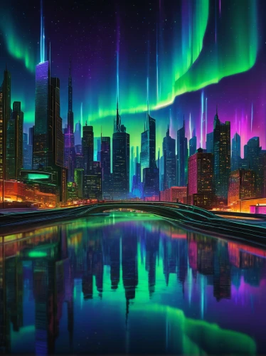 futuristic landscape,colorful city,aurora borealis,fantasy city,cityscape,northen lights,full hd wallpaper,nothern lights,auroras,aurora colors,norther lights,aurora village,northern lights,city skyline,superhero background,world digital painting,city lights,fantasy landscape,hd wallpaper,3d background,Conceptual Art,Fantasy,Fantasy 18