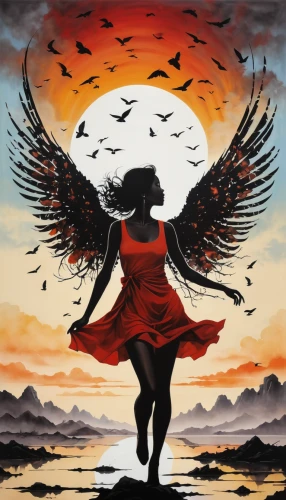 flying girl,winged heart,angel wing,angelology,phoenix,red bird,songbird,dove of peace,death angel,angel wings,black angel,harpy,fire angel,sun wing,red sun,blackbird,winged,flying heart,red fly,dark angel,Illustration,Realistic Fantasy,Realistic Fantasy 10