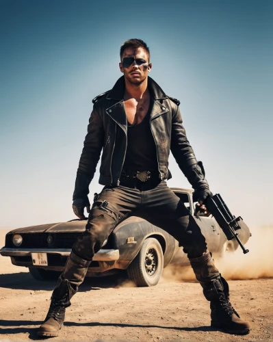 mad max,blade,action hero,terminator,stunt performer,biker,jackal,renegade,action film,man holding gun and light,machine gun,dean razorback,cobra,crossbones,black motorcycle,bonneville,motorcyclist,muscle icon,bullet ride,merle black,Conceptual Art,Fantasy,Fantasy 06