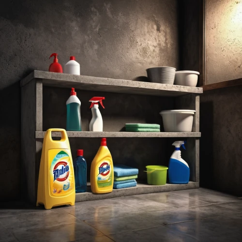 cleaning supplies,household cleaning supply,laundry detergent,laundry room,cleaning station,cupboard,drain cleaner,household supply,cleaning service,bathroom cabinet,disinfectant,kitchenware,kitchen cabinet,housework,cooking oil,pantry,cleaning woman,spray bottle,toiletries,household,Photography,General,Realistic