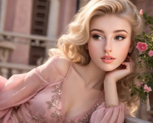 vintage makeup,magnolieacease,pink beauty,porcelain doll,peach rose,bella rosa,marylyn monroe - female,romantic look,realdoll,vintage woman,vintage floral,with roses,pink lady,retouching,scent of roses,romantic portrait,peach,barbie doll,enchanting,blonde woman