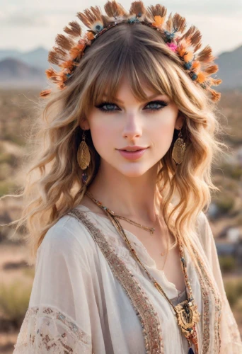 headdress,feather headdress,desert background,desert flower,lioness,indian headdress,gypsy hair,headpiece,celtic queen,countrygirl,enchanting,golden wreath,gypsy soul,tiger lily,woman of straw,boho,hair accessory,yellow sun hat,gypsy,country-western dance,Photography,Realistic