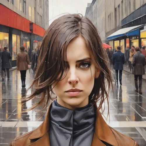 city ​​portrait,oil painting on canvas,the girl at the station,pedestrian,street artist,girl walking away,girl in a long,oil painting,girl portrait,woman walking,young woman,world digital painting,portrait of a girl,a pedestrian,the girl's face,art painting,black coat,street artists,woman thinking,woman portrait,Digital Art,Poster