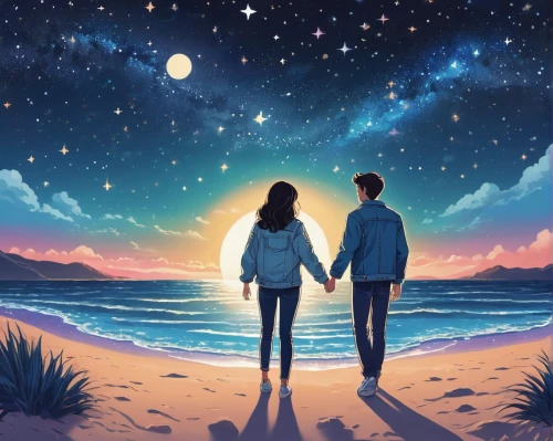 honeymoon,romantic scene,the moon and the stars,hold hands,moon and star background,loving couple sunrise,two people,romantic night,young couple,holding hands,boy and girl,as a couple,couple - relationship,twiliight,couple in love,hand in hand,physical distance,love background,hands holding,sci fiction illustration,Unique,3D,Isometric