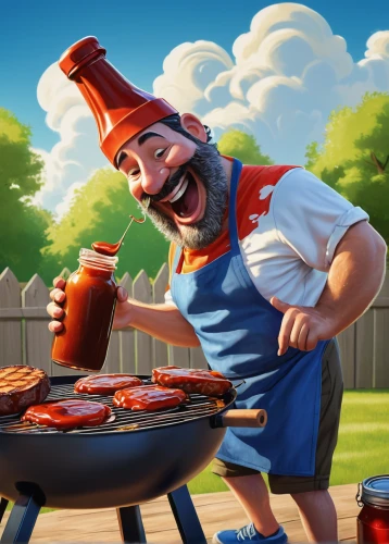 barbeque,bbq,barbeque grill,barbecue,chef,dwarf cookin,men chef,barbecue sauce,red cooking,barbecue grill,chicken barbecue,grilling,pubg mascot,summer bbq,cook,grilled food,pizza supplier,chef hat,cooking book cover,ketchup tomato sauce,Illustration,Paper based,Paper Based 18