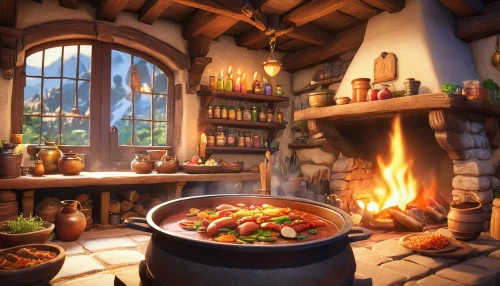dwarf cookin,goulash,ratatouille,alpine restaurant,cookery,food and cooking,tjena-kitchen,tavern,the kitchen,mirepoix,hearth,beef goulash,cassoulet,outdoor cooking,big kitchen,kitchen,irish stew,cooking pot,warm and cozy,cooking vegetables,Illustration,Japanese style,Japanese Style 02