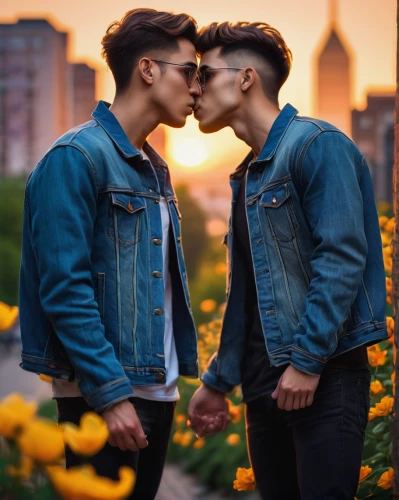 gay love,denim jacket,gay couple,twin flowers,kiss flowers,kissing,jean jacket,making out,glbt,gay men,denim background,romantic portrait,photo shoot for two,pda,couple in love,pompadour,jeans background,romantic scene,loving couple sunrise,cheek kissing,Conceptual Art,Fantasy,Fantasy 28