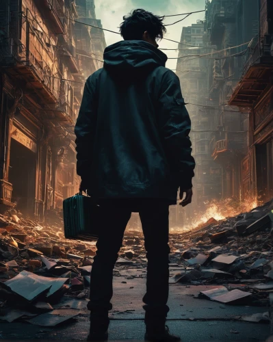 cyberpunk,digital compositing,post apocalyptic,photomanipulation,photo manipulation,cinematic,lost in war,apocalyptic,photoshop manipulation,dystopian,would a background,world digital painting,game art,wanderer,pedestrian,renegade,the wanderer,cg artwork,music background,destroyed city,Photography,General,Fantasy