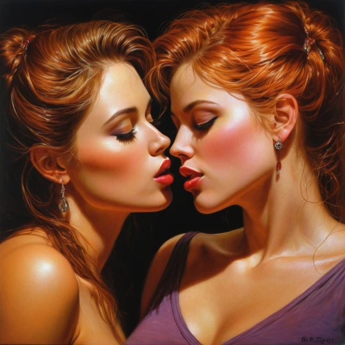 girl kiss,amorous,cheek kissing,redheads,oil painting on canvas,kissing,two girls,romantic portrait,mother kiss,oil painting,kiss,art painting,hot love,young women,whispering,making out,mirror image,beautiful photo girls,kisses,affection