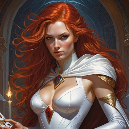 sorceress,fantasy woman,paladin,fantasy portrait,priestess,massively multiplayer online role-playing game,heroic fantasy,red-haired,the enchantress,firestar,elza,redheads,merida,fiery,artemisia,female warrior,collectible card game,fantasy art,joan of arc,eufiliya,Illustration,Realistic Fantasy,Realistic Fantasy 03