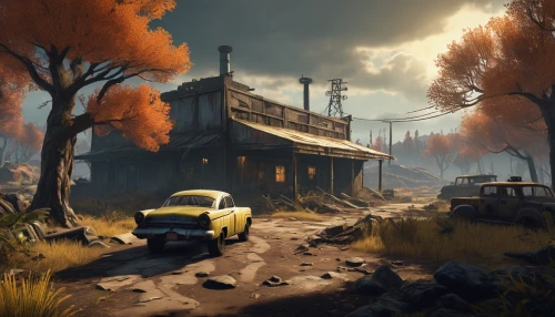 fallout4,road forgotten,wasteland,post-apocalyptic landscape,croft,fallout,autumn camper,post apocalyptic,one autumn afternoon,farmstead,autumn idyll,junkyard,game illustration,autumn theme,the road,fallout shelter,industrial landscape,autumn landscape,scrapyard,post-apocalypse,Art,Artistic Painting,Artistic Painting 30
