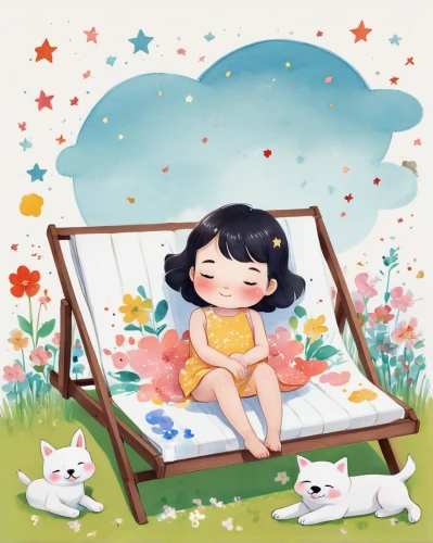 flower blanket,watercolor baby items,kids illustration,blanket of flowers,girl lying on the grass,playmat,baby bed,tummy time,napping,dreaming,sleepy sheep,sleeping,dream world,flower painting,summer snowflake,springtime background,baby stars,little clouds,nursery,resting,Illustration,Japanese style,Japanese Style 01