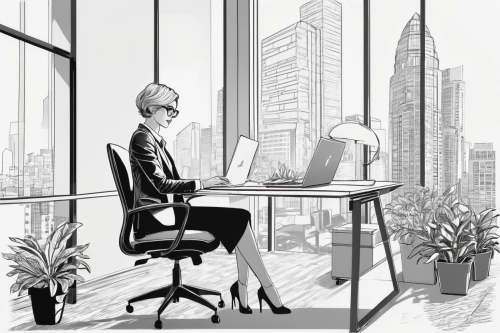 businesswoman,office line art,business women,business woman,modern office,bussiness woman,place of work women,businesswomen,women in technology,office worker,white-collar worker,working space,blur office background,boardroom,office desk,offices,in a working environment,office chair,furnished office,consulting room,Illustration,Black and White,Black and White 05