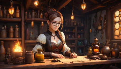 apothecary,barmaid,candlemaker,bartender,merchant,tinsmith,librarian,shopkeeper,blacksmith,watchmaker,salesgirl,seamstress,gunsmith,metalsmith,brandy shop,girl studying,woodworker,clockmaker,vendor,wood elf,Illustration,Abstract Fantasy,Abstract Fantasy 09