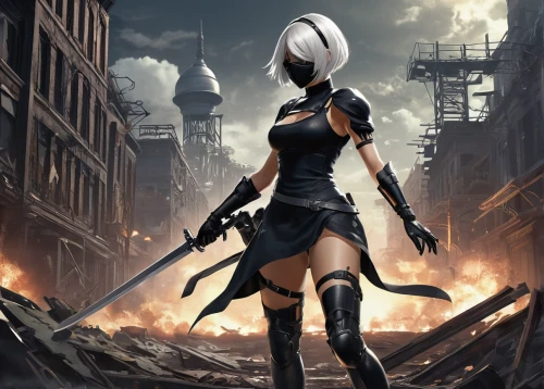 tiber riven,a200,assassin,massively multiplayer online role-playing game,action-adventure game,huntress,android game,swordswoman,scythe,grey fox,game art,dark elf,female warrior,mobile video game vector background,mercenary,apocalyptic,neottia nidus-avis,post apocalyptic,destroyed city,katana,Illustration,Realistic Fantasy,Realistic Fantasy 21